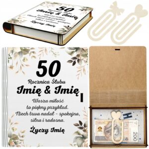 Pudełko na Pieniądze 50 Rocznica Ślubu Drewniane Koperta Prezent Imię v.1