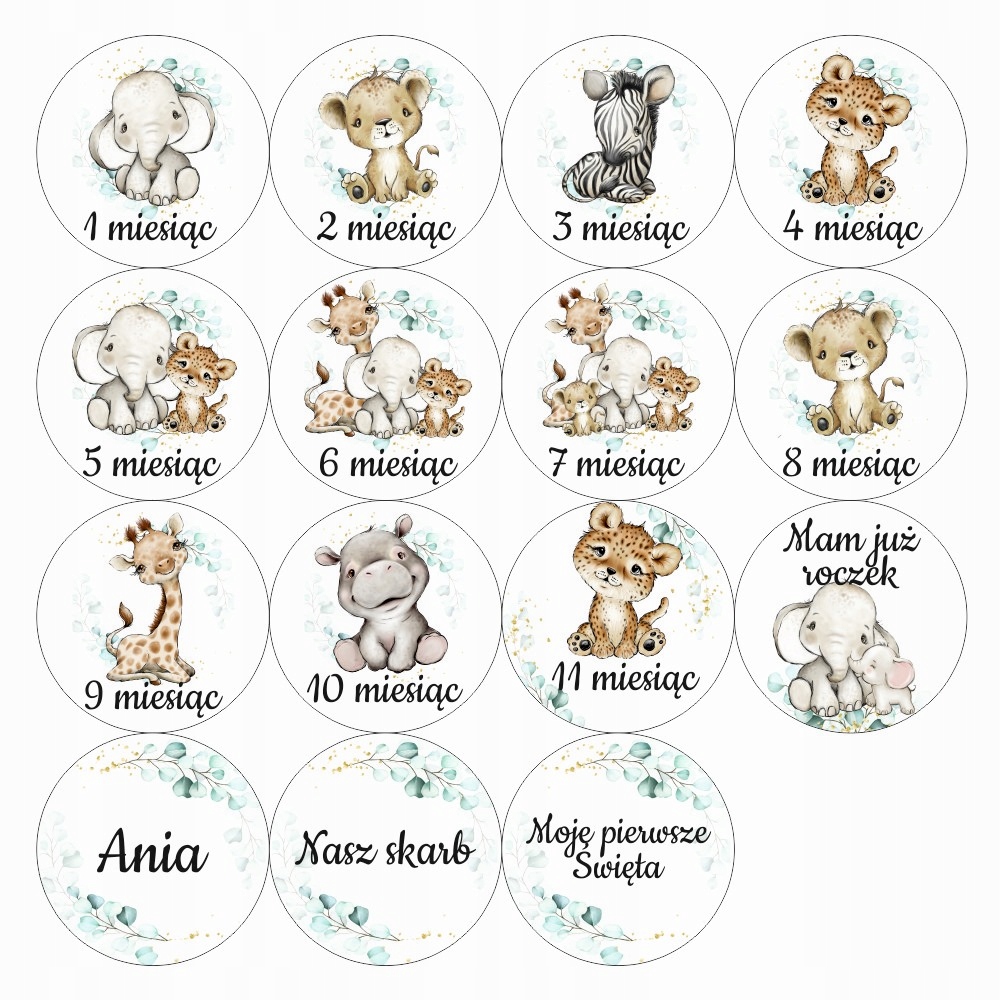 Drewniane Tabliczki Miesiące do Zdjęć Dziecka Pierwszy Rok Zwierzaki Safari Drewniane Tabliczki Miesiące do Zdjęć Dziecka Pierwszy Rok Zwierzaki Safari