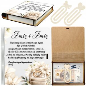 Pudełko na Pieniądze na Ślub Ślubne Drewniane Koperta Prezent Imię v.2