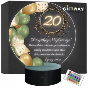 Lampka Nocna LED Statuetka 20 Urodziny Dwudziestka na Prezent Grawer