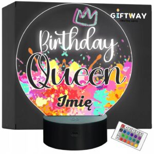 Lampka Nocna LED Statuetka Birthday Queen Urodziny na Prezent Grawer