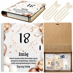 Pudełko na Pieniądze na 18 Osiemnastkę Drewniane Koperta Prezent Imię v.3