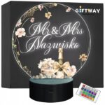 Lampka Nocna LED Statuetka z Okazji Ślubu Mr & Mrs Nazwisko Prezent Grawer