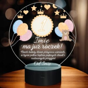 Lampka Nocna LED Statuetka 1 Pierwsze Urodziny Roczek na Prezent Grawer