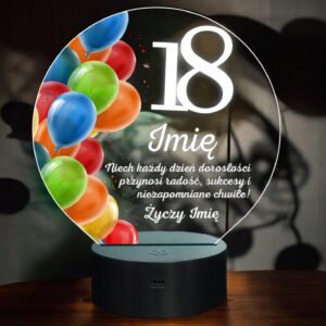 Lampka Nocna LED Statuetka 18 Osiemnastka Urodziny Balony na Prezent Grawer