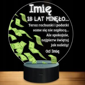 Lampka Nocna LED Statuetka 18 Osiemnastka Urodziny Dolary na Prezent Grawer