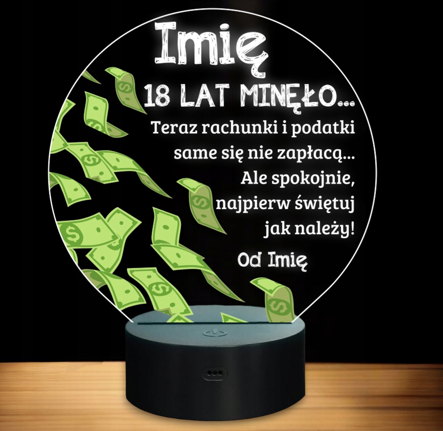 Lampka Nocna LED Statuetka 18 Osiemnastka Urodziny Dolary na Prezent Grawer Lampka Nocna LED Statuetka 18 Osiemnastka Urodziny Dolary na Prezent Grawer