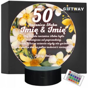 Lampka Nocna LED Statuetka Pamiątka 50 Rocznica Ślubu Kwiaty Prezent Grawer