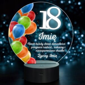 Lampka Nocna LED Statuetka 18 Osiemnastka Urodziny Balony na Prezent Grawer