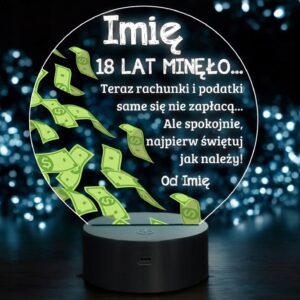 Lampka Nocna LED Statuetka 18 Osiemnastka Urodziny Dolary na Prezent Grawer