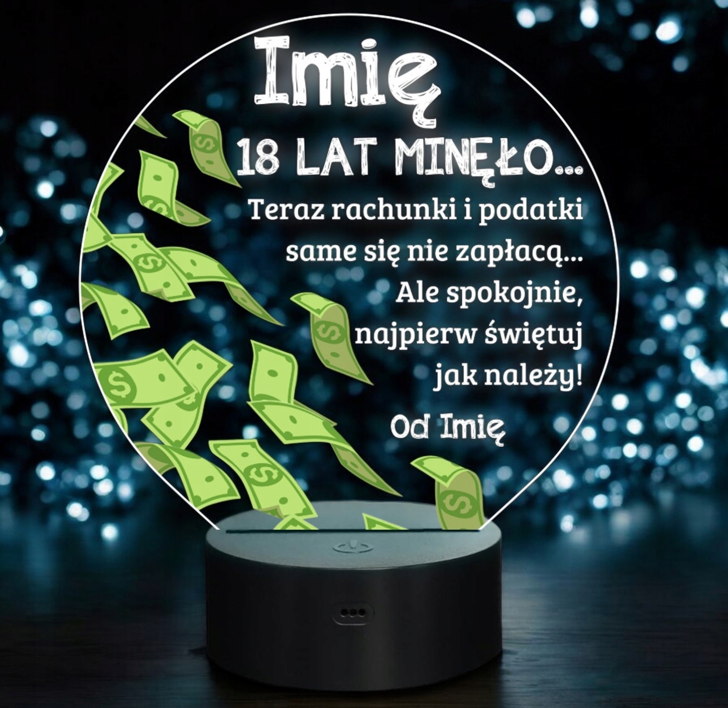 Lampka Nocna LED Statuetka 18 Osiemnastka Urodziny Dolary na Prezent Grawer Lampka Nocna LED Statuetka 18 Osiemnastka Urodziny Dolary na Prezent Grawer