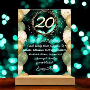 Akrylowa Statuetka z Okazji 20 Urodzin Dwudziestka Życzenia Kwiaty Prezent