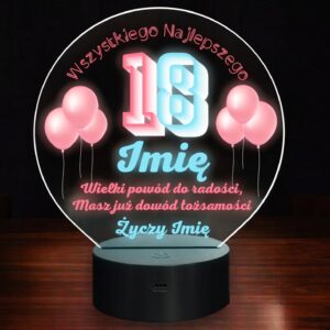 Lampka Nocna LED Statuetka 18 Osiemnastka Urodziny na Prezent Grawer