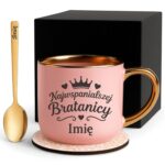 Kubek Personalizowany z Imieniem Róż + Łyżeczka i Podstawka Zestaw dla Bratanicy v.1