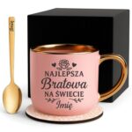 Kubek Personalizowany z Imieniem Róż + Łyżeczka i Podstawka Zestaw dla Bratowej v.1