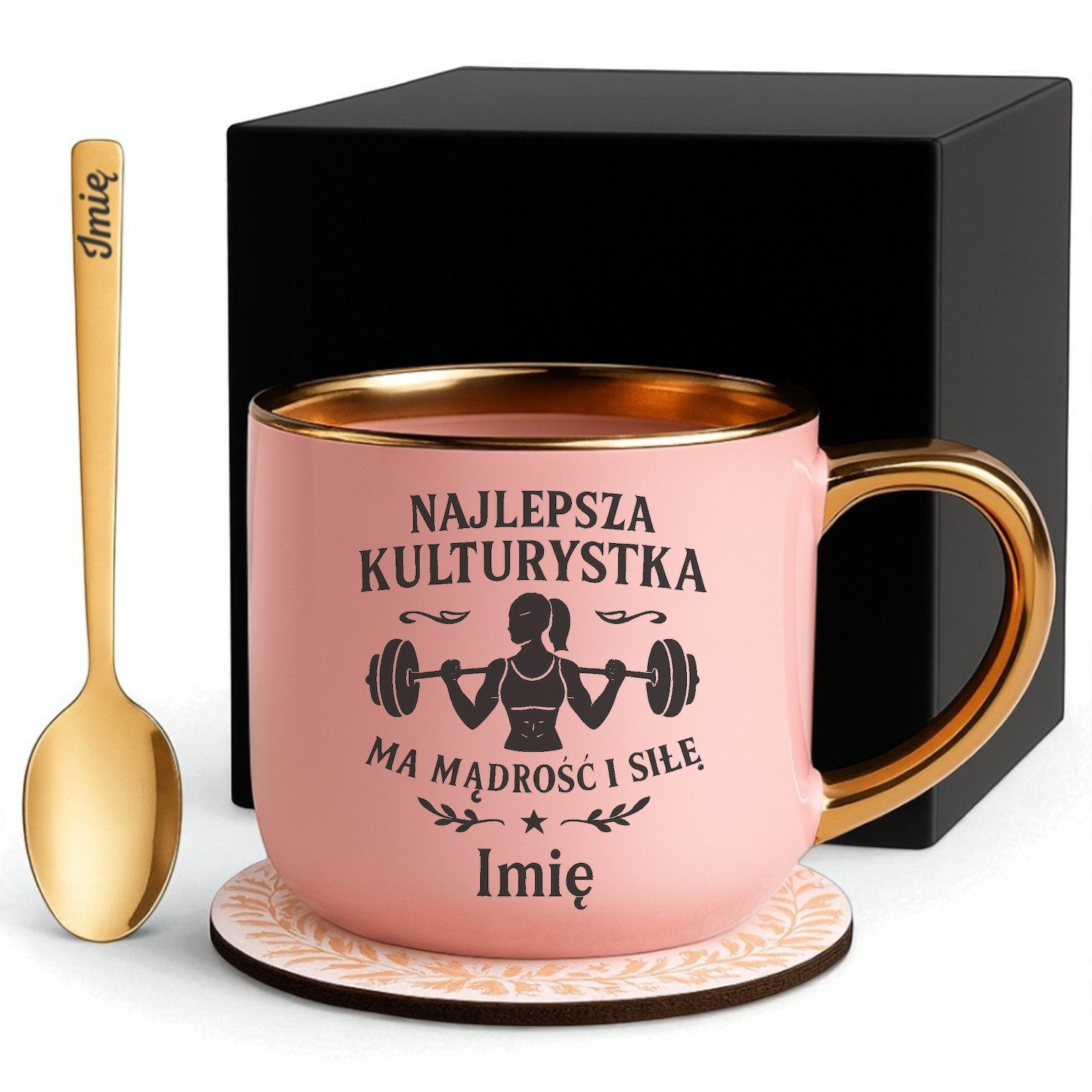 Kubek Personalizowany z Imieniem Róż + Łyżeczka i Podstawka Zestaw dla Kulturystki v.2 Kubek Personalizowany z Imieniem Róż + Łyżeczka i Podstawka Zestaw dla Kulturystki v.2