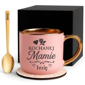 Kubek Personalizowany z Imieniem Róż + Łyżeczka i Podstawka Zestaw dla Mamy v.1