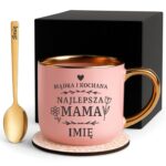 Kubek Personalizowany z Imieniem Róż + Łyżeczka i Podstawka Zestaw dla Mamy v.3