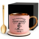 Kubek Personalizowany z Imieniem Róż + Łyżeczka i Podstawka Zestaw dla Narciarki v.1