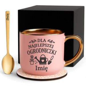 Kubek Personalizowany z Imieniem Róż + Łyżeczka i Podstawka Zestaw dla Ogrodniczki v.2