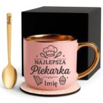 Kubek Personalizowany z Imieniem Róż + Łyżeczka i Podstawka Zestaw dla Piekarki v.1