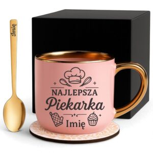Kubek Personalizowany z Imieniem Róż + Łyżeczka i Podstawka Zestaw dla Piekarki v.1