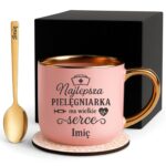 Kubek Personalizowany z Imieniem Róż + Łyżeczka i Podstawka Zestaw dla Pielęgniarki v.2
