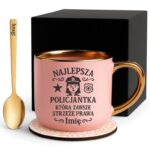 Kubek Personalizowany z Imieniem Róż + Łyżeczka i Podstawka Zestaw dla Policjantki v.1