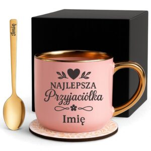 Kubek Personalizowany z Imieniem Róż + Łyżeczka i Podstawka Zestaw dla Przyjaciółki v.1