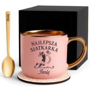 Kubek Personalizowany z Imieniem Róż + Łyżeczka i Podstawka Zestaw dla Siatkarki v.1