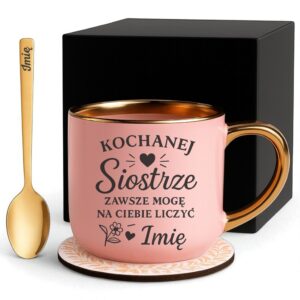Kubek Personalizowany z Imieniem Róż + Łyżeczka i Podstawka Zestaw dla Siostry v.1