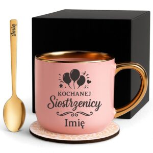 Kubek Personalizowany z Imieniem Róż + Łyżeczka i Podstawka Zestaw dla Siostrzenicy v.1