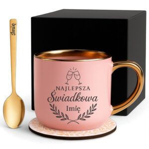 Kubek Personalizowany z Imieniem Róż + Łyżeczka i Podstawka Zestaw dla Świadkowej v.2