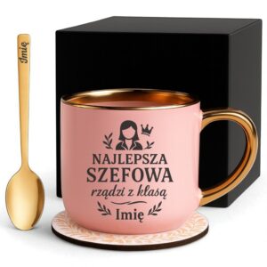 Kubek Personalizowany z Imieniem Róż + Łyżeczka i Podstawka Zestaw dla Szefowej v.2