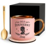 Kubek Personalizowany z Imieniem Róż + Łyżeczka i Podstawka Zestaw dla Żołnierki v.1