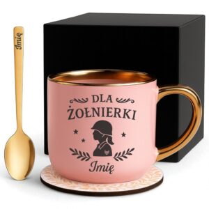 Kubek Personalizowany z Imieniem Róż + Łyżeczka i Podstawka Zestaw dla Żołnierki v.1