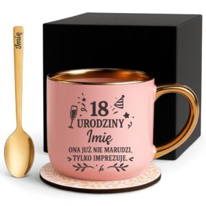 Kubek Personalizowany z Imieniem Róż + Łyżeczka i Podstawka Zestaw na 18 Urodziny v.2