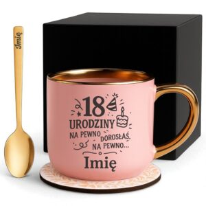 Kubek Personalizowany z Imieniem Róż + Łyżeczka i Podstawka Zestaw na 18 Urodziny v.1