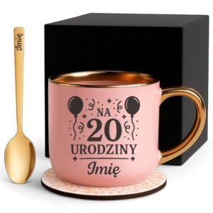 Kubek Personalizowany z Imieniem Róż + Łyżeczka i Podstawka Zestaw na 20 Urodziny v.4