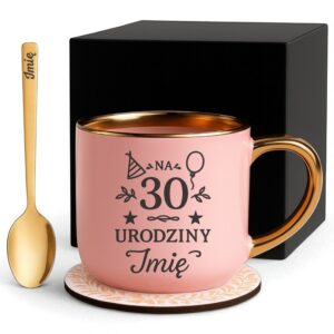 Kubek Personalizowany z Imieniem Róż + Łyżeczka i Podstawka Zestaw na 30 Urodziny v.1