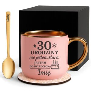 Kubek Personalizowany z Imieniem Róż + Łyżeczka i Podstawka Zestaw na 30 Urodziny v.5