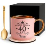 Kubek Personalizowany z Imieniem Róż + Łyżeczka i Podstawka Zestaw na 40 Urodziny v.7