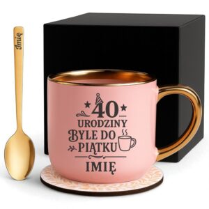 Kubek Personalizowany z Imieniem Róż + Łyżeczka i Podstawka Zestaw na 40 Urodziny v.5