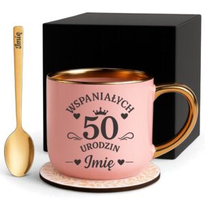 Kubek Personalizowany z Imieniem Róż + Łyżeczka i Podstawka Zestaw na 50 Urodziny v.7