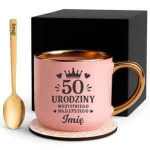 Kubek Personalizowany z Imieniem Róż + Łyżeczka i Podstawka Zestaw na 50 Urodziny v.8