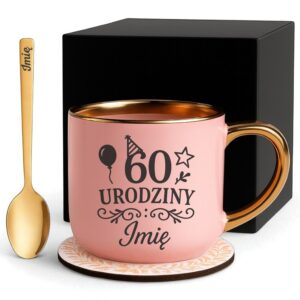 Kubek Personalizowany z Imieniem Róż + Łyżeczka i Podstawka Zestaw na 60 Urodziny v.1