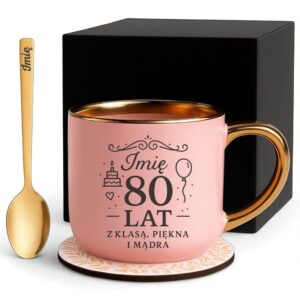 Kubek Personalizowany z Imieniem Róż + Łyżeczka i Podstawka Zestaw na 80 Urodziny v.6