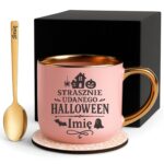 Kubek Personalizowany z Imieniem Róż + Łyżeczka i Podstawka Zestaw na Halloween v.2