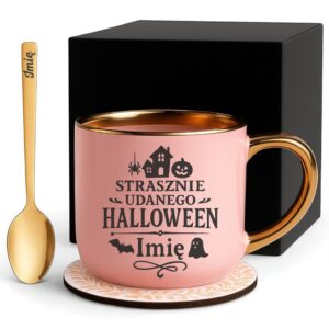 Kubek Personalizowany z Imieniem Róż + Łyżeczka i Podstawka Zestaw na Halloween v.2