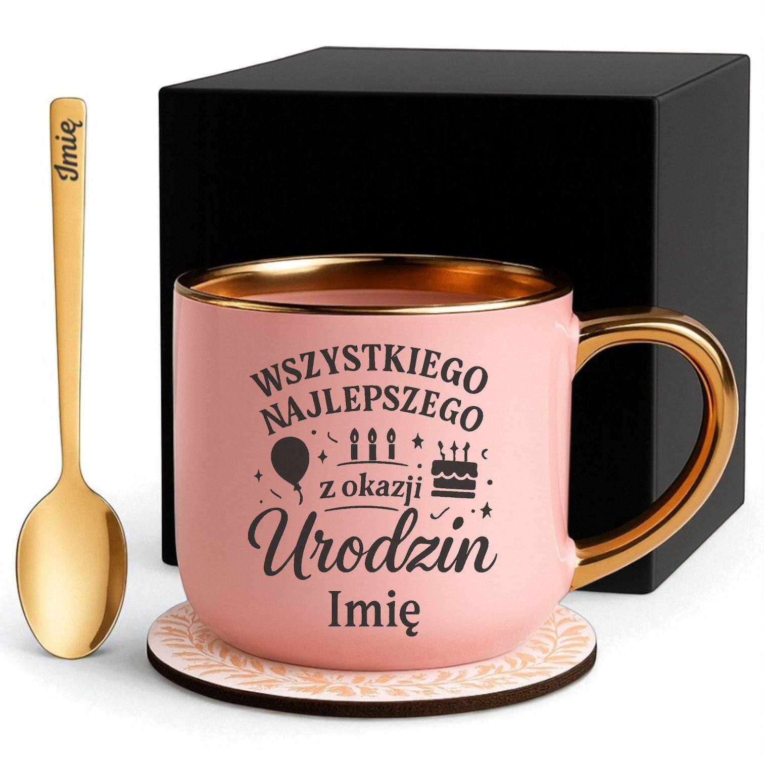 Kubek Personalizowany z Imieniem Róż + Łyżeczka i Podstawka Zestaw na Urodziny v.1 Kubek Personalizowany z Imieniem Róż + Łyżeczka i Podstawka Zestaw na Urodziny v.1